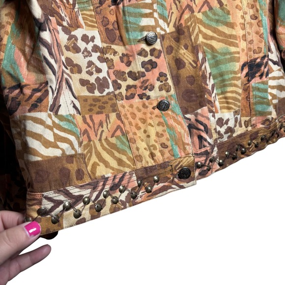 Stonebridge Women's Sz‎ Petite Medium Patchwork Animal Print Studded Jean Jacket - Picture 3 of 7